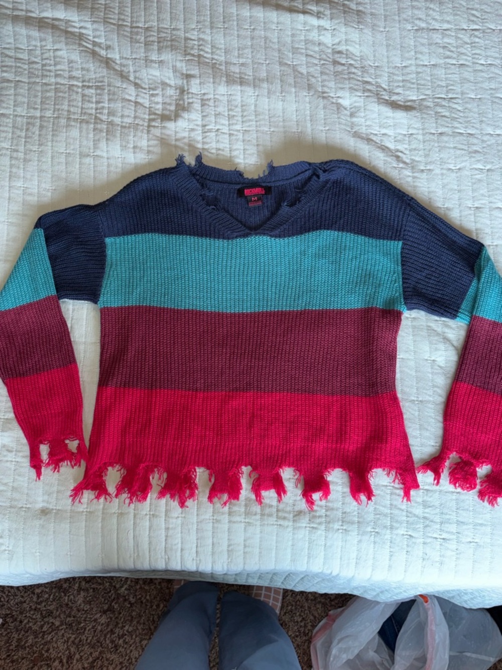 Distressed V-Neck Striped Sweater in Navy, Teal, Burgundy & Pink